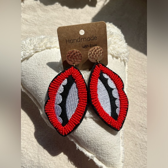 Whimsical red large hand sewn earrings - Picture 2 of 2